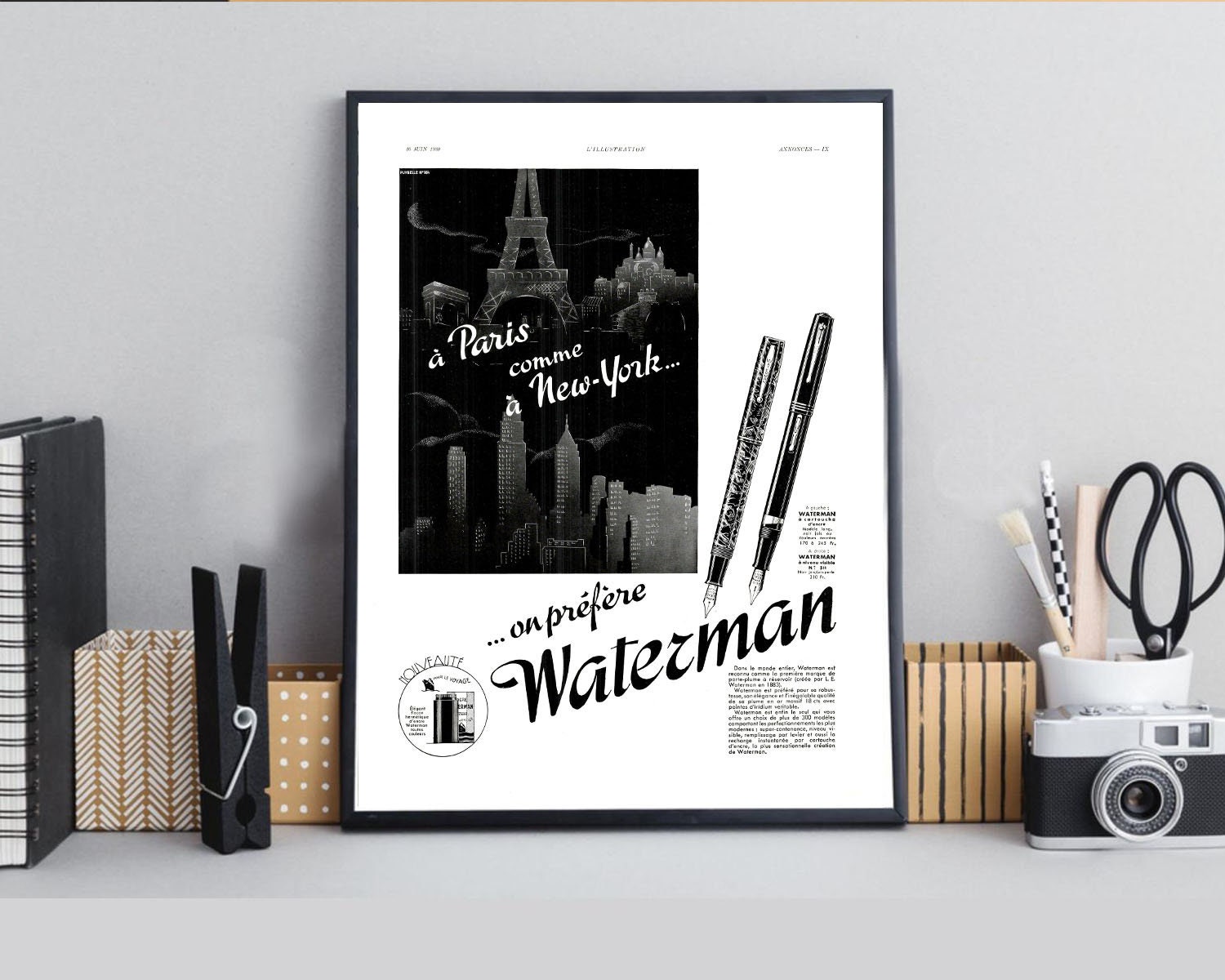 Rare & Authentique Affiche Vintage Années 30 - Stylo Jif Waterman -30x40cm Sans Cadre Décoration Mur
