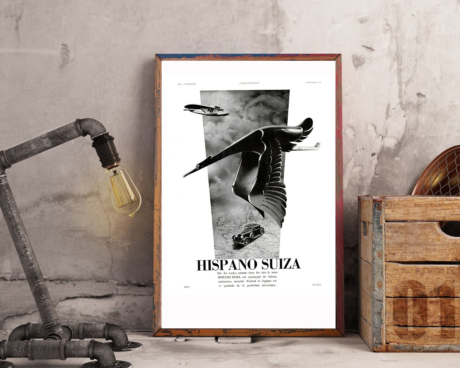 Rare & Authentique Affiche Vintage Années 30 - Hispano Suiza Auto -30x40cm- Sans Cadre Décoration Mu