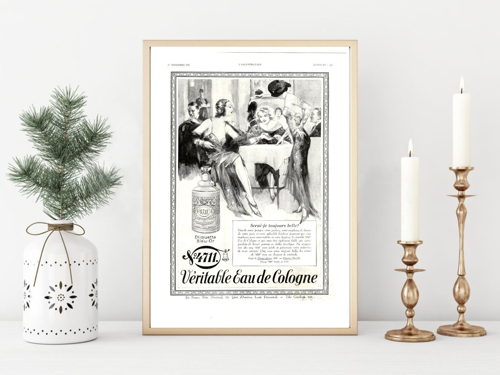 Affiche Vintage Originale Années 30- Eau de Cologne -30x40cm-Sans Cadre-Décoration Murale- Idée Cade