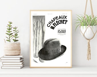 Vintage French Fashion Wall Art Print, CHAPEAU FLECHET Black & White Wall Art, French Parisian Fashion Bathroom Wall Art