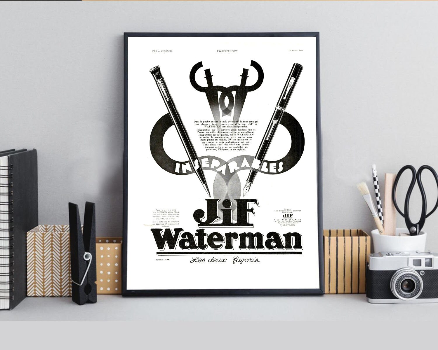 Rare & Authentique Affiche Vintage Années 30 - Stylo Jif Waterman -30x40cm Sans Cadre Décoration Mur