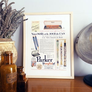 Rare & Authentic Vintage French Print 1930's - PARKER Pen - 30x40cm - No Frame- Wall art decoration Gift idea - Limited stock