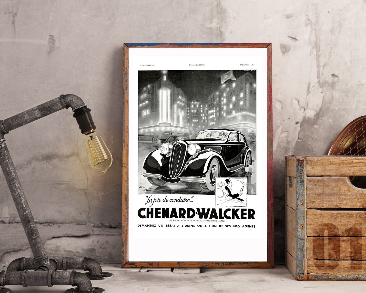 Rare & Authentique Affiche Vintage Années 30 - Chenard Walker -30x40cm- Sans Cadre Décoration Murale