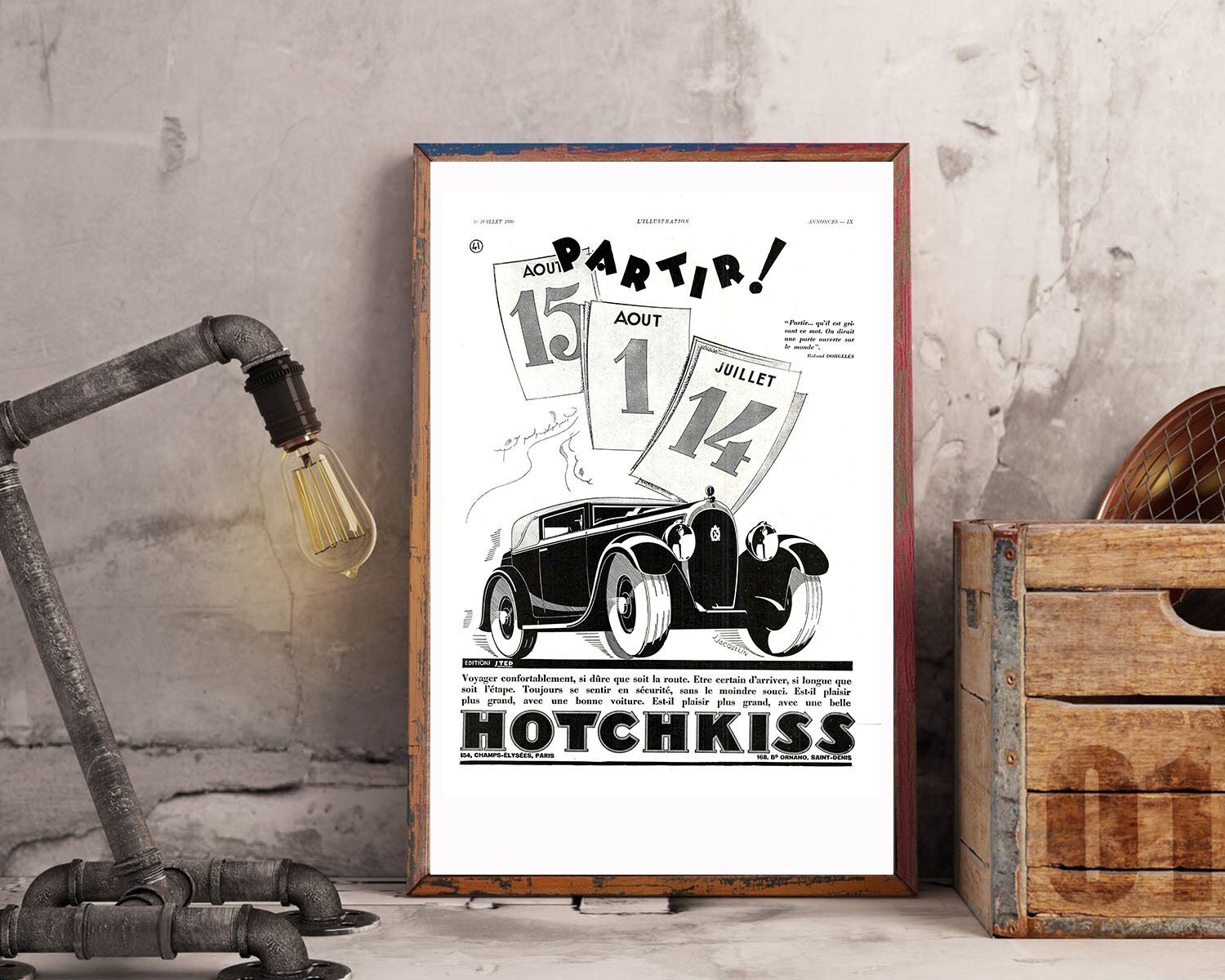 Rare & Authentique Affiche Vintage Années 30 - Hotchkiss -30x40cm- Sans Cadre Décoration Murale Idée