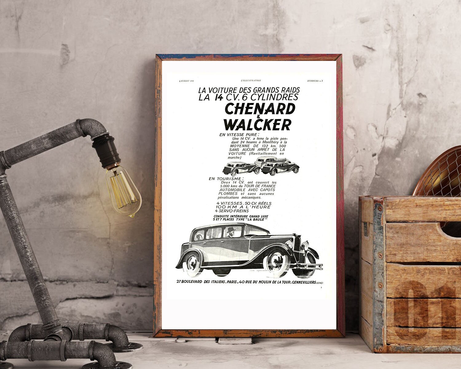 Rare & Authentique Affiche Vintage Années 30 - Chenard Walker -30x40cm- Sans Cadre Décoration Murale