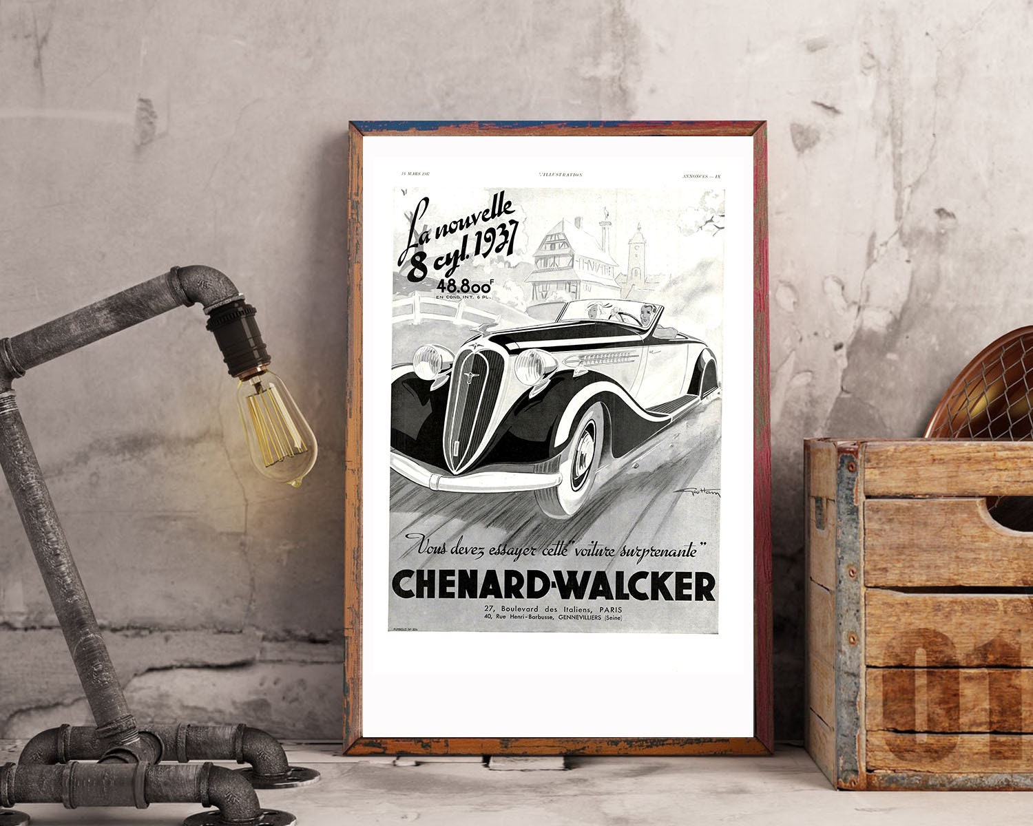 Rare & Authentique Affiche Vintage Années 30 - Chenard Walker -30x40cm- Sans Cadre Décoration Murale