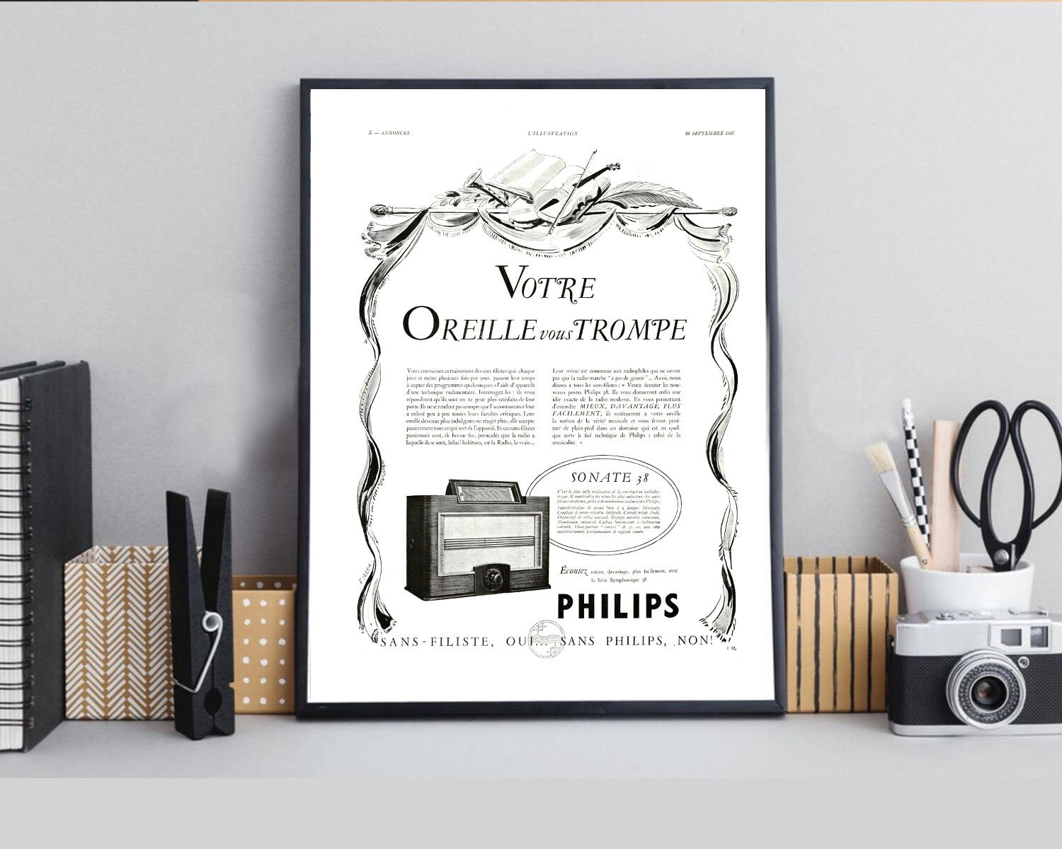 Rare & Authentique Affiche Vintage Années 30 - Radio Tsf Philips -30x40cm Sans Cadre Décoration Mura
