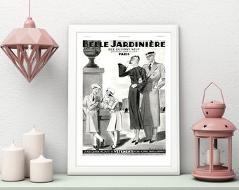 Vintage French Fashion Wall Art Print, BELLE JARDINIERE Black & White Wall Art, French Parisian Fashion Bathroom Wall Art