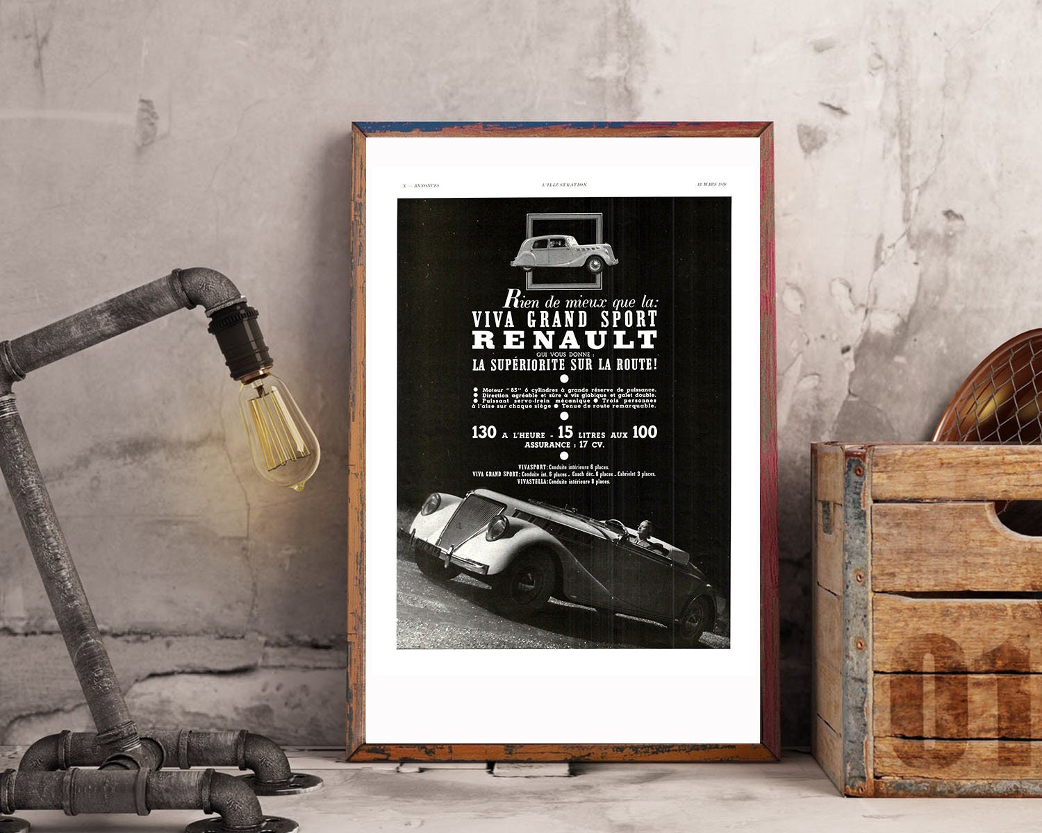 Rare & Authentique Affiche Vintage Années 30 -Renault Automobile-30x40cm- Sans Cadre - Décoration Mu