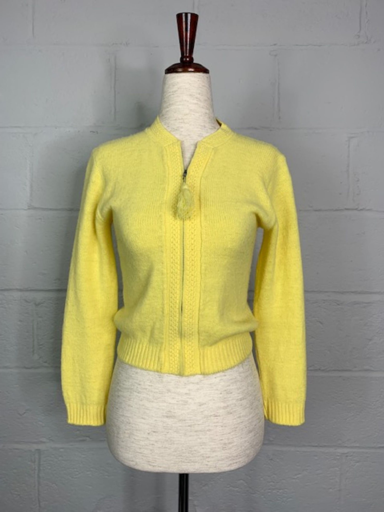 Vintage Lemon Yellow Zipup Cardigan with Pom Pom Size XS Etsy