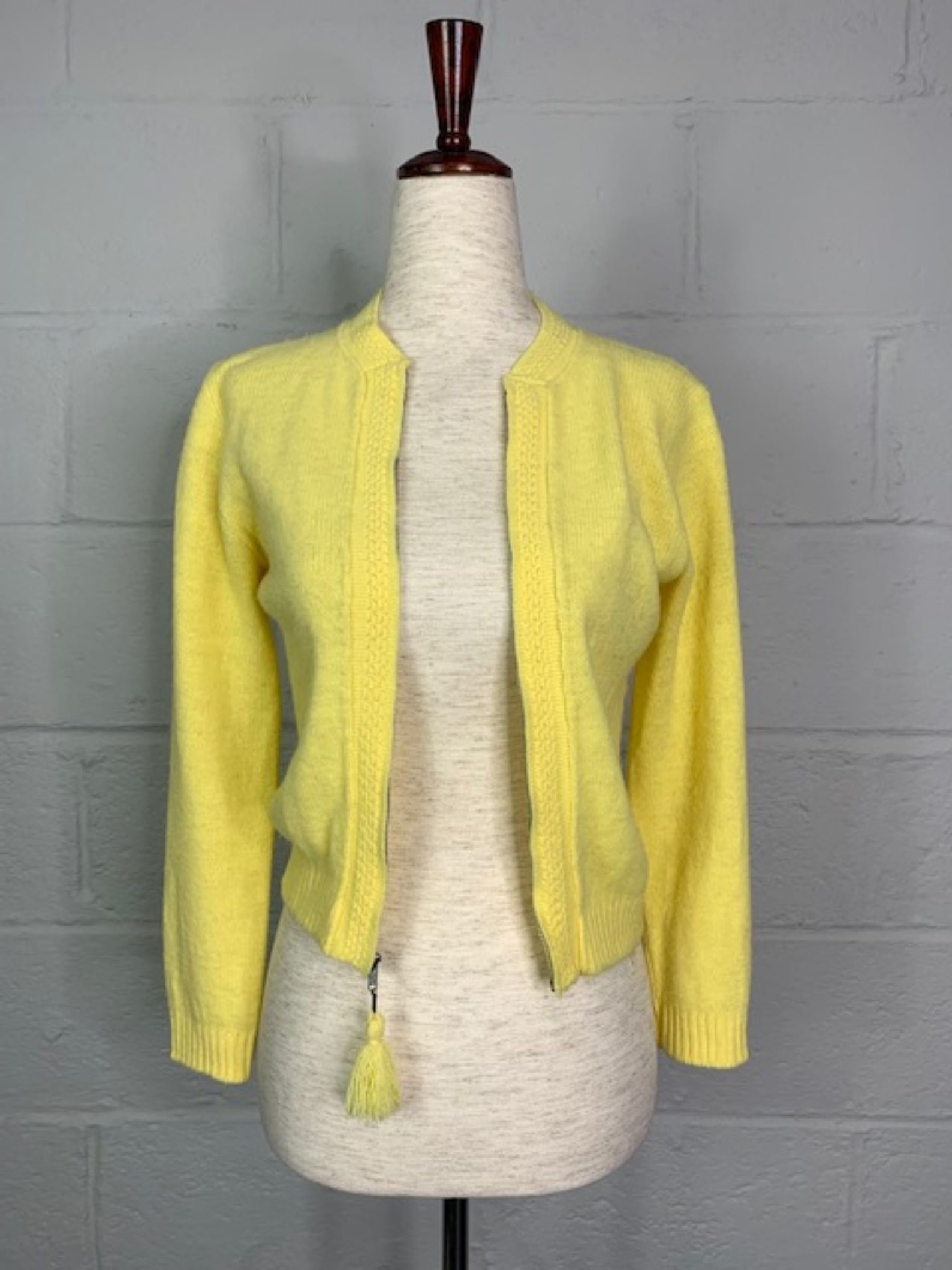 Vintage Lemon Yellow Zipup Cardigan with Pom Pom Size XS Etsy