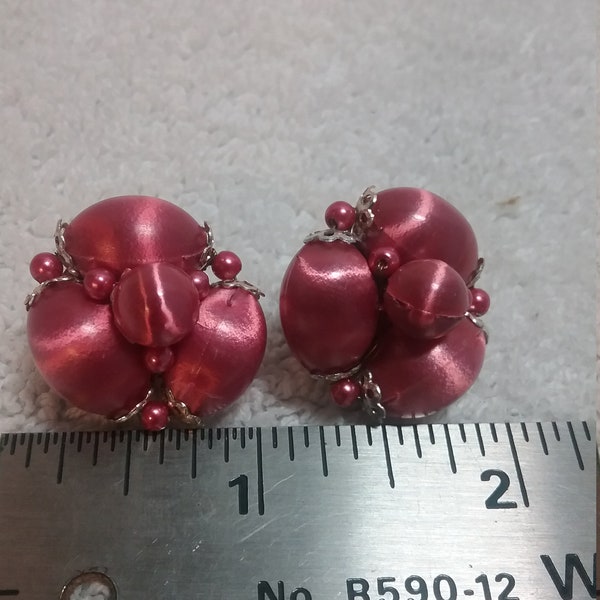 Wine Pink Faux Satin Finish Beaded Cluster Clip on Earrings Made in Japan