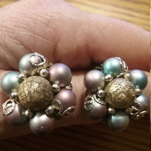 Two Toned Light Blue & Light Lavender Beaded Cluster Clip-on Earrings made in Japan