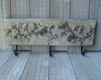 Hand Painted Carved Wood Rose Wall Mount Coat Rack with  3 Hooks