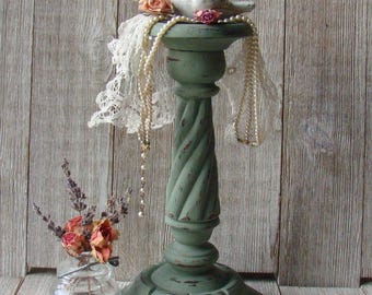 10 1/4 Inch Green Taper Pillar Candleholder Hand Painted Distressed