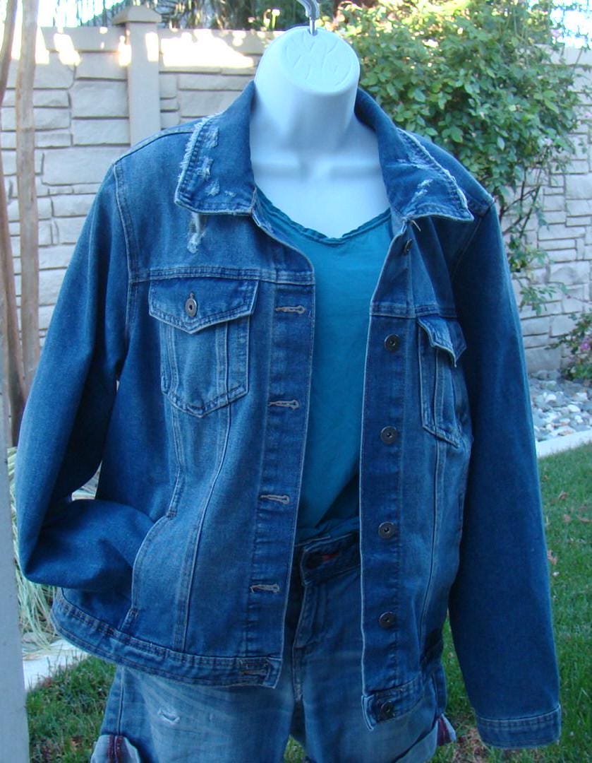 Denim Blue Jean Jacket 1X up Cycled Altered Distressed Bleached