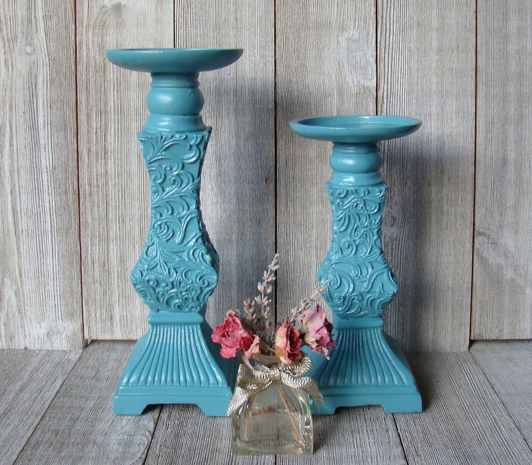 Pair of Hand Painted Teal Blue Pillar Candle Holders 10 Inch Candle