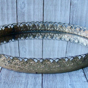 Vintage 8 5/8 x 11 1/8 Gold Oval Rose Filigree Mirrored Vanity Perfume Tray
