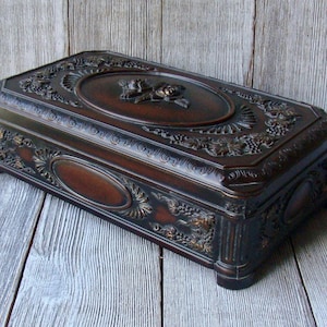 Ornate Mid Century Brown and Gold Jewelry Storage Trinket Box