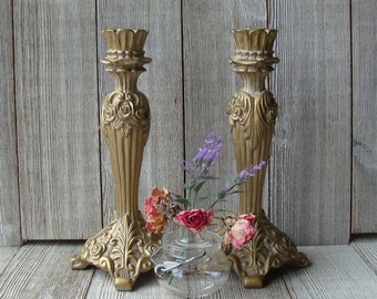 Pair of Ornate Gold and White Rose Taper Candle Holders