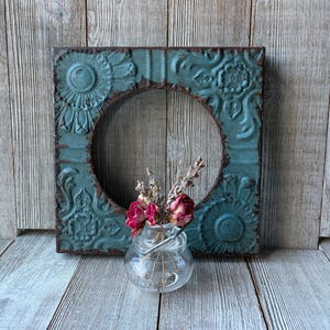 5x5 Round Turquoise Ceiling Tile Picture Frame with Glass and Easel Backing