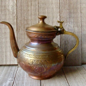 Engraved Copper and Brass Turkish Coffee Teapot Kettle Vintage