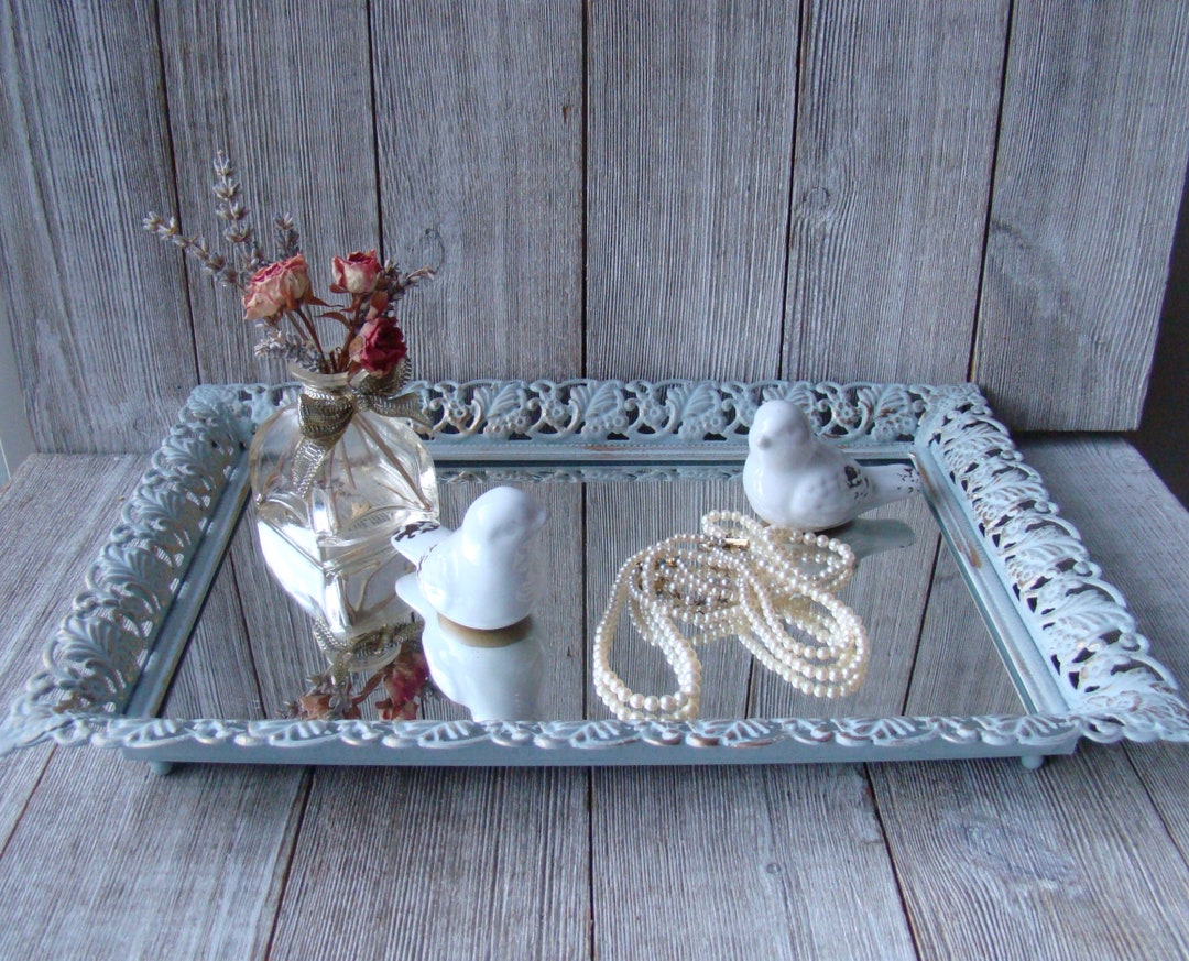 Blue Vanity Tray Perfume Tray Vintage Filagree Vanity Tray Hand Painted
