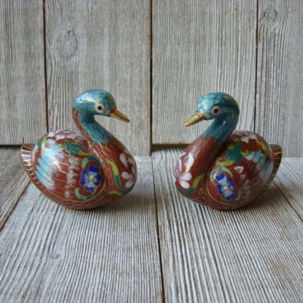 Vintage Pair of Chinese Brown Blue Gold  Floral Cloisonne Swan Enamel Figurines