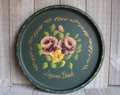 Hand Painted Nashco Green and Gold Round Toleware Tray with Roses Laguna Beach