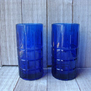 Pair of Cobalt Blue Tartan Anchor Hocking Old Fashion 16 Ounce Glasses