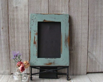 OOAK Rustic Hand Painted  Blue 4 x 6 Distressed  Wood Frame