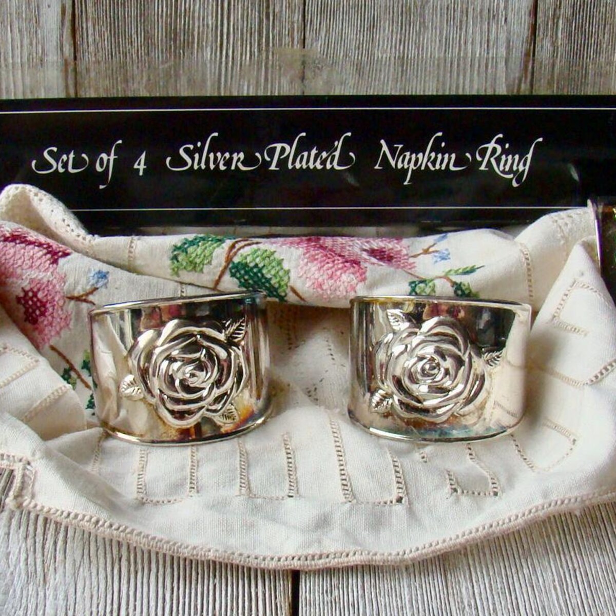 Set of 4 Silver Plated Rose Napkin Rings