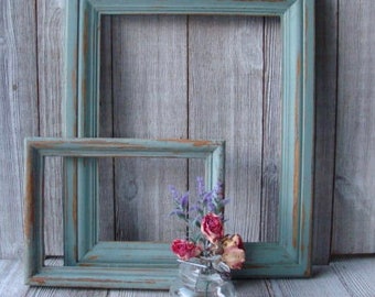 Set of 2 Hand Painted and Distressed  Oak Wood Frames 5 x 7 Blue Frame, 8 x 10 Blue Frame