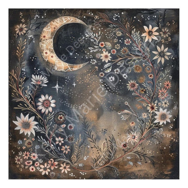 Mystical Moonrise Blossoms Digital Art | Bohemian | Digital Design | Vintage | Floral Moon | Celestial | Commercial License | SVG & PNG