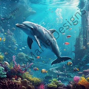 Unterwasser Delphin Szene Clipart | Mystische Märchenbuch Design | Blumenmuster | Korallenriff | Kommerzielle Lizenz | Kleinunternehmen | SVG und PNG