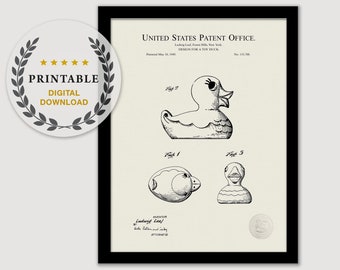 Size and Frame Options Rubber Duck Toy Bathroom Tub Patent Wall Art Print Decor