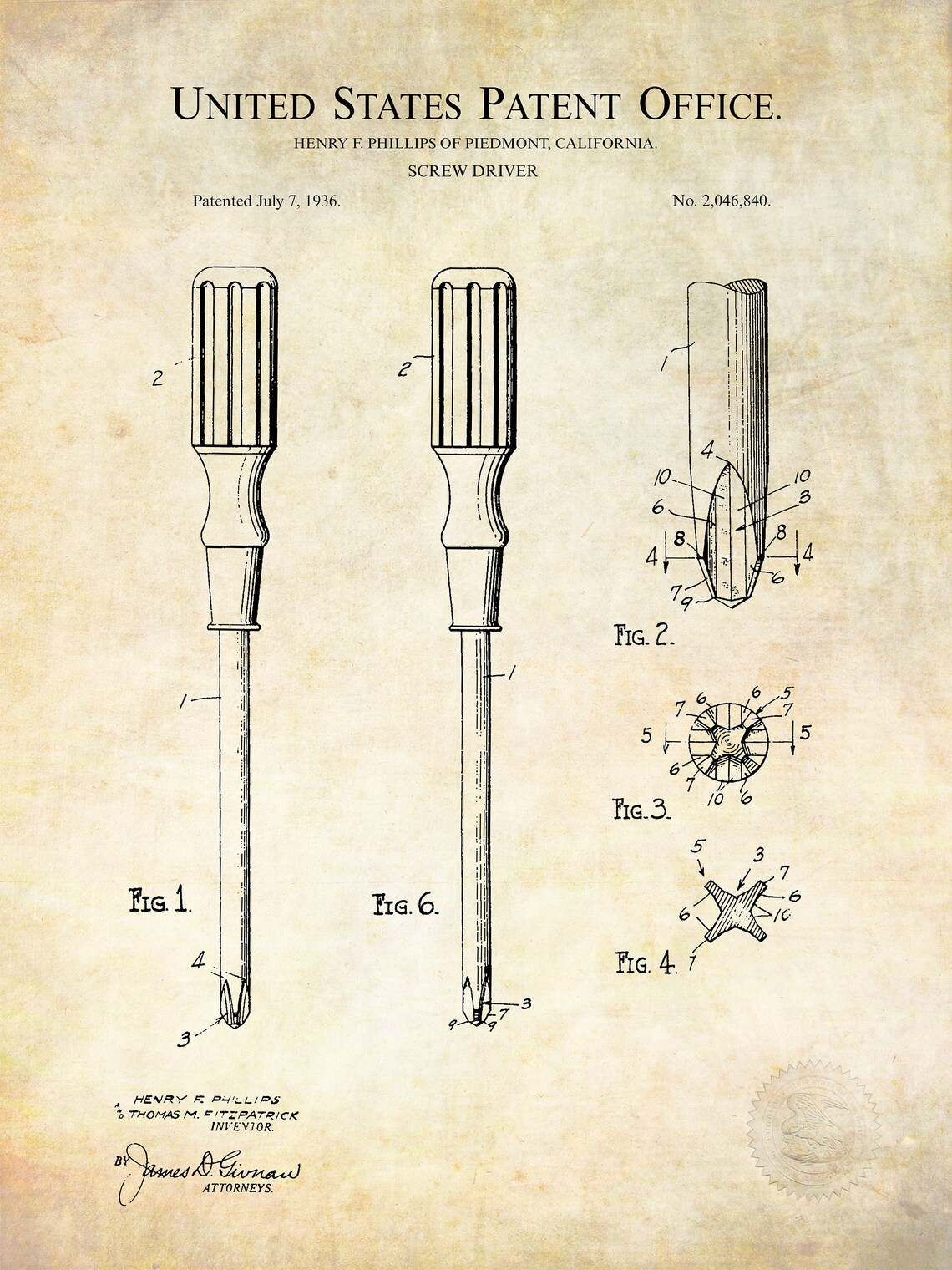 1936 PHILLIPS SCREWDRIVER Patent Printable Digital Download Etsy