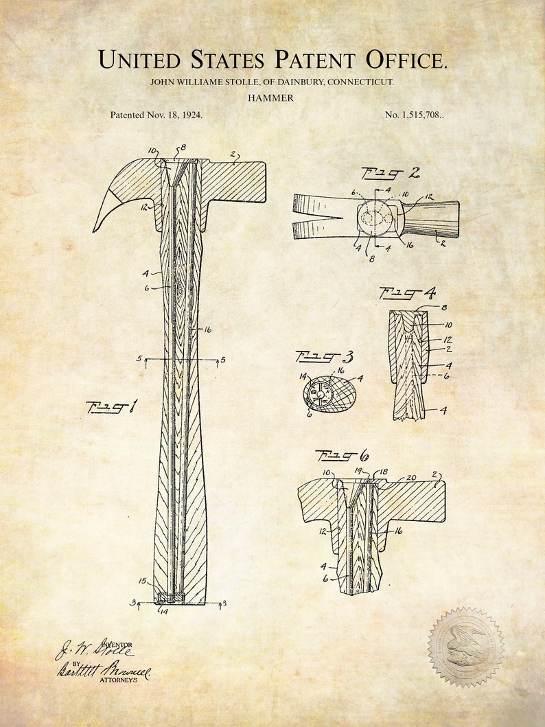 1924 HAMMER Patent Printable Digital Download Carpenter Etsy