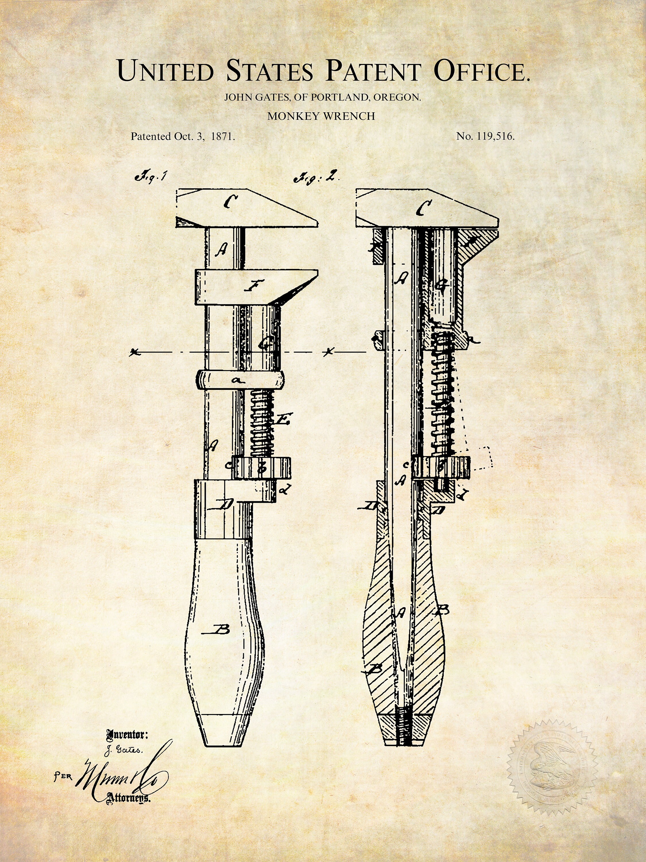 1871 MONKEY WRENCH Patent Printable Digital Download Etsy