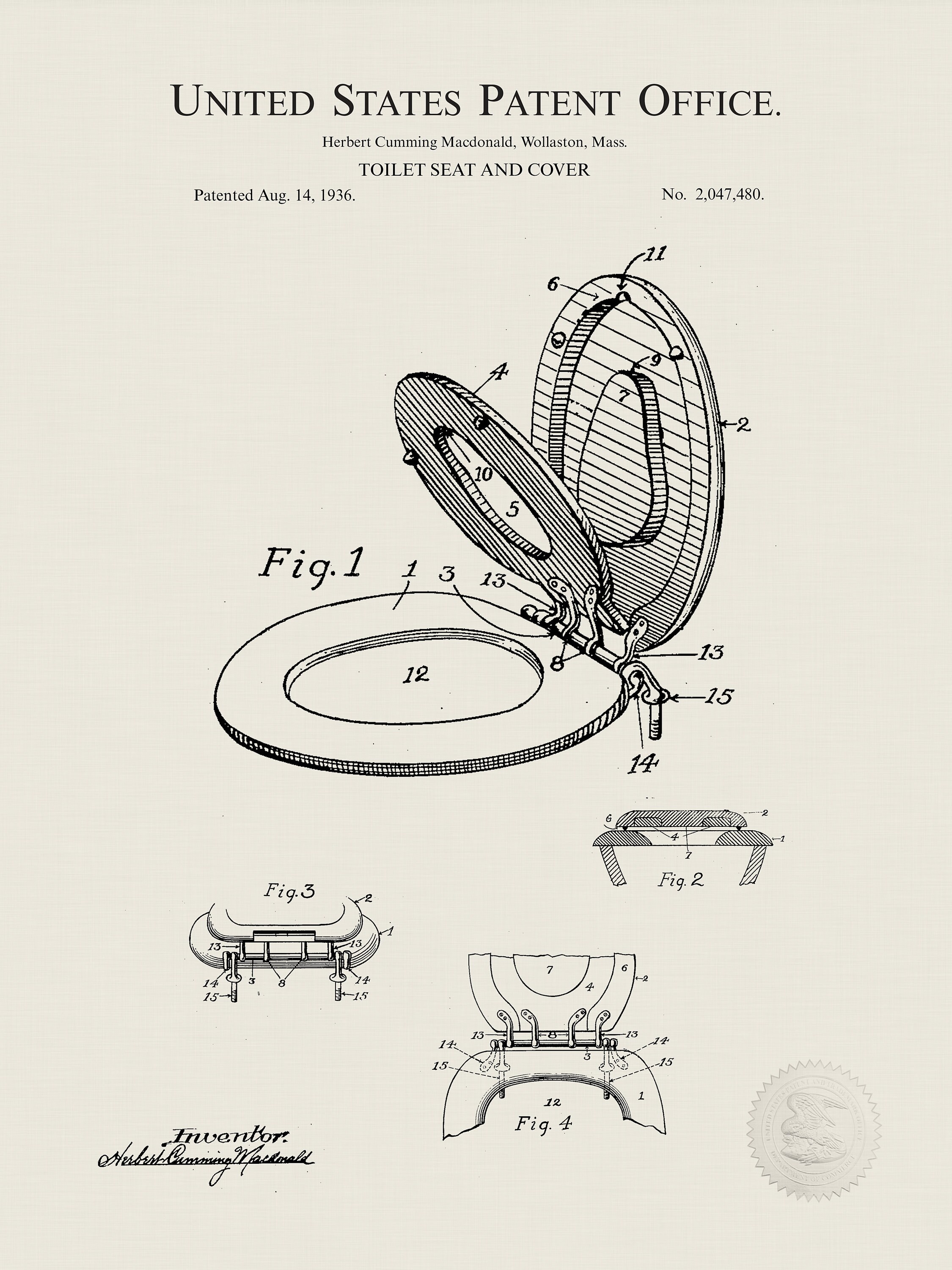 1836 Toilet Seat Patent DIGITAL DOWNLOAD Restroom Etsy