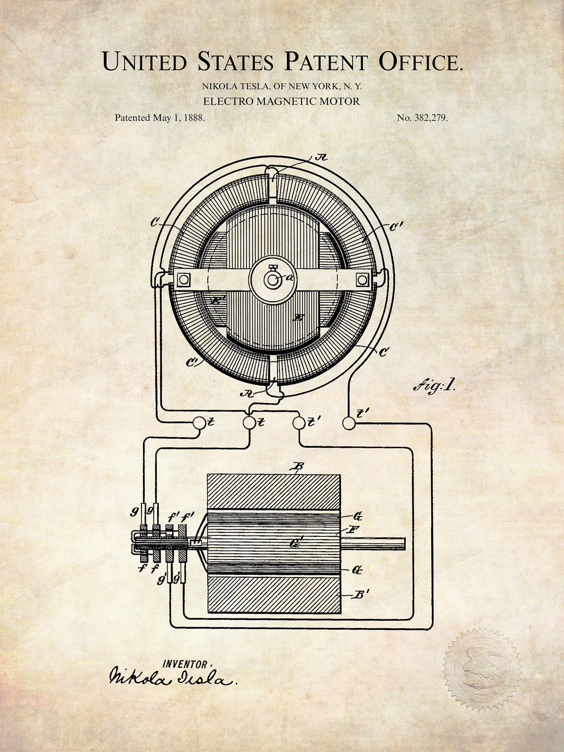 1888 Tesla Electro-Magnetic Motor Patent PRINTABLE DIGITAL | Etsy