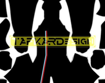 May include: Abstract design with black shapes and white negative space. The image features the text "TAFKARDESIGN" in yellow and black. A red and blue vertical line runs through the center of the design.