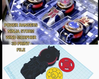 May include: 3D printed model of the Wind Morpher from Power Rangers Ninja Storm. The model includes the main body, a red disc, a yellow disc with a crown, and a blue disc with a crescent moon.