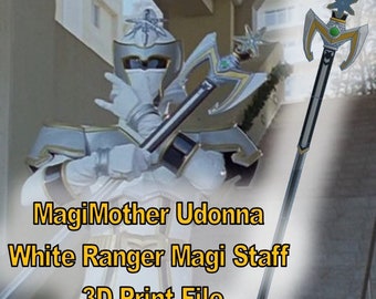 May include: A white ranger holding a silver and gold axe. The ranger is wearing a white helmet with a gold trim. The background is a blurry image of a building. The text "MagiMother Udonno White Ranger Magi Staff 3D Print File" is written in black letters on a white background.