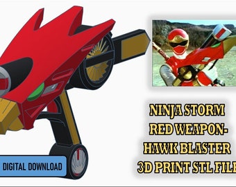 May include: Red and gold 3D printed model of a toy blaster, resembling a bird's head, with the text "NINJA STORM RED WEAPON-HAWK BLASTER 3D PRINT STL FILE" below.  A digital download icon is in the lower left corner.