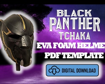 May include: Black Panther T'Chala EVA Foam Helmet PDF Template digital download. A black and gold helmet with a fierce expression.
