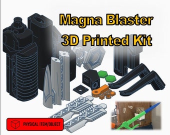 May include: A 3D printed kit for a Magna Blaster, a toy weapon. The kit includes multiple parts, including a large black cylinder, a gray blade, and a smaller orange piece. The kit is labeled "Magna Blaster 3D Printed Kit".