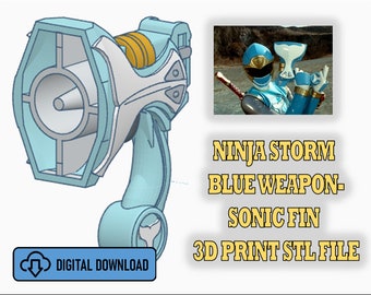 May include: A 3D-rendered light blue and white weapon, the Sonic Fin, with an orange accent. The image includes a small photo of a Power Ranger in a blue suit holding a similar weapon. Text reads "NINJA STORM BLUE WEAPON - SONIC FIN 3D PRINT STL FILE" and "DIGITAL DOWNLOAD".