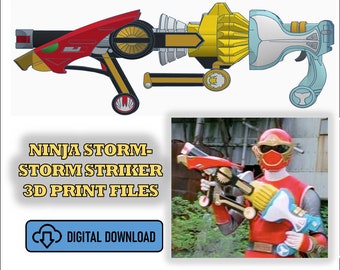 May include: A red, white, and blue toy gun with a yellow handle and a black and silver barrel. The gun is labeled "Ninja Storm-Storm Striker 3D Print Files" and has a digital download icon.