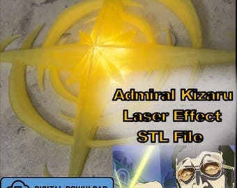 May include: A yellow laser effect design, with the text "Admiral Kizaru Laser Effect STL File". A digital download icon is in the lower left corner. An illustration of a character is in the lower right corner.